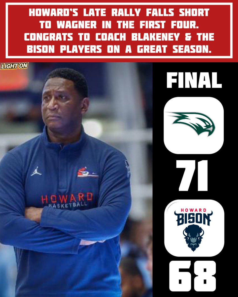 LightOnSports's tweet image. Howard’s late rally falls short to Wagner in the First Four. Congratulations to Coach Blakeney and the Bison players on a great season. 🦬

#HUYOUKNOW

📸: @HUMensBB