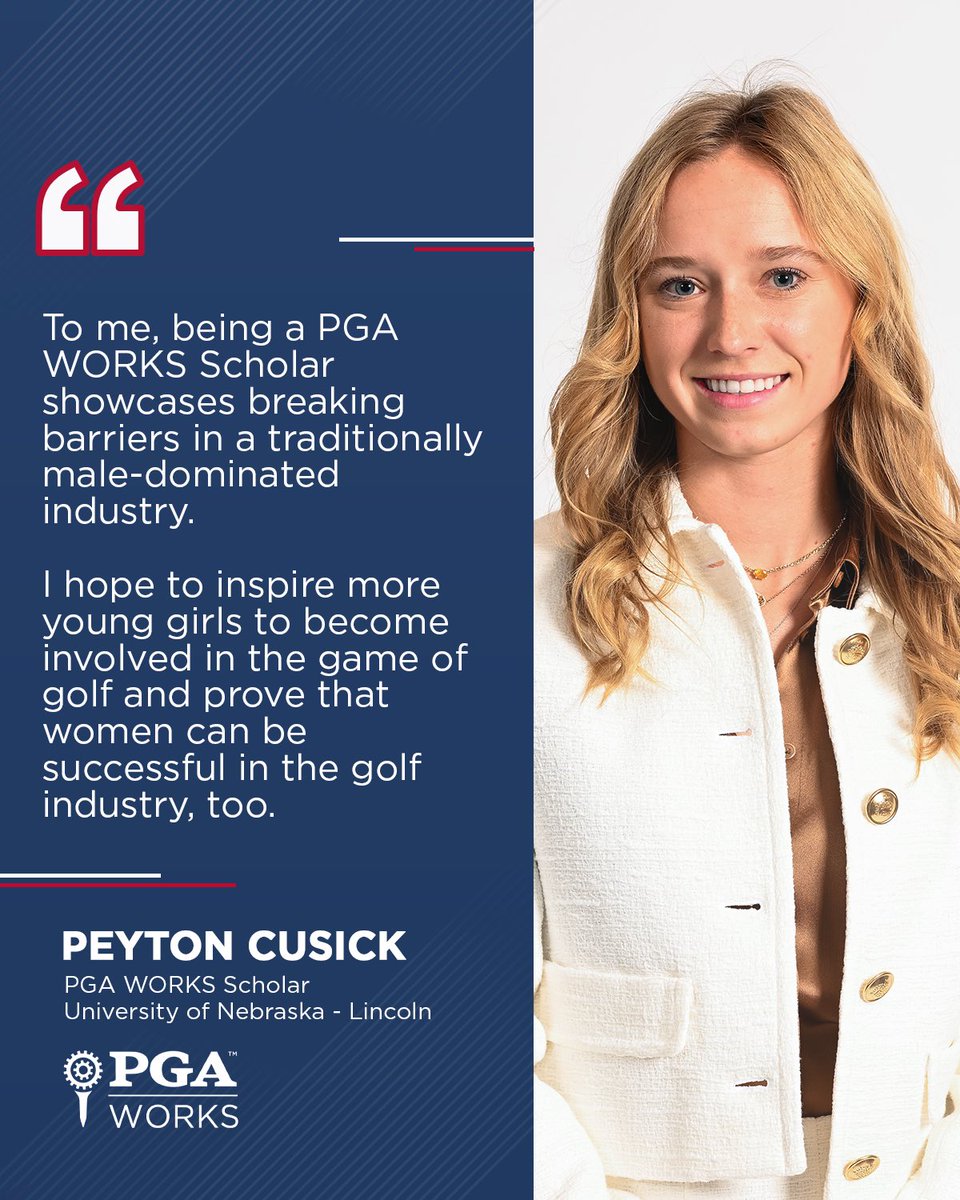 Proving that anything is possible.💪🏼 For University of Nebraska - Lincoln student Peyton Cusick, being a #PGAWORKS Scholar allows her to break barriers as a leader in the industry and inspire future generations of women.❤️