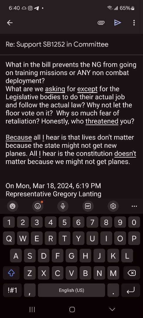 Here is Gregory Lanting (Rep LD25) response to constituents’ emails about Defend the Guard. He is scared that if we don’t hand over Guard personnel to the federal government to deploy abroad at their whim, then we won’t receive the intended F-16 package at Mountain Home Air Force