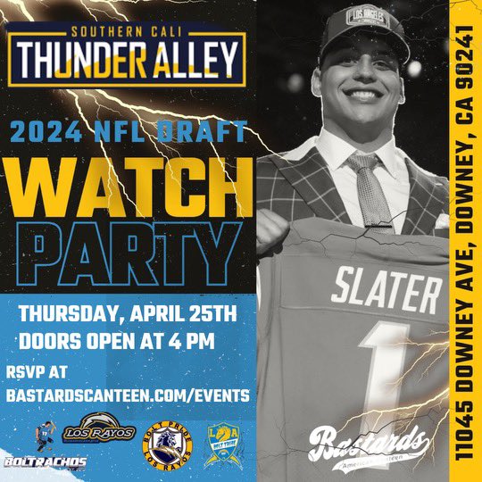 Join us at Bastards for the ultimate 2024 NFL Draft Watch Party!
Thursday, April 25th. Doors open at 4 PM with DJ Harley spinning the tunes!
Date: Thursday, April 25th
Time: Doors Open at 4 PM
FREE ENTRY
RSVP AT BastardsCanteen.com/events/

#LosRayos #BoltPride 
⚡️🔋🔌