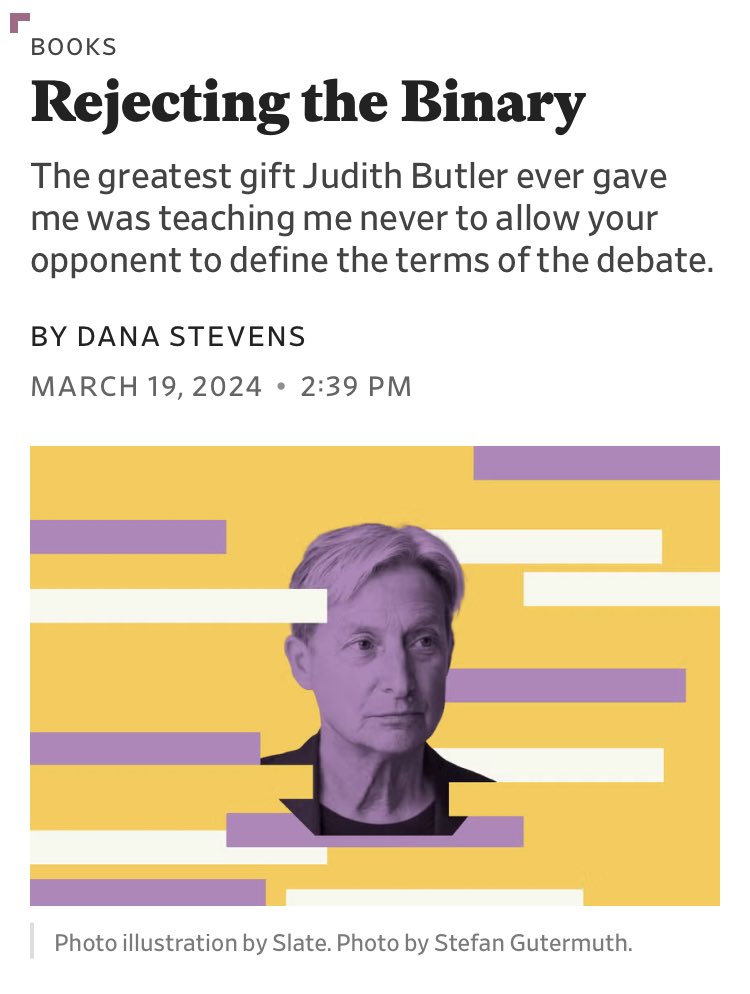 „The greatest gift Judith Butler ever gave me was teaching me never to allow your opponent to define the terms of the debate.“

Way beyond that: she’ll actually define the term „debate“ itself as her giving you a lecture.

#JudithButler