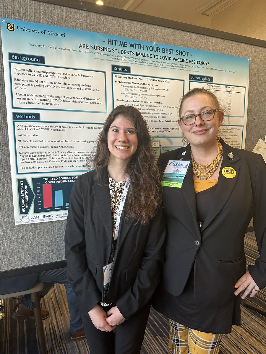 Kudos to Robin Vanderbeck and Amy Brandt, two Mizzou CHS undergraduate students who presented their research project on COVID vaccine perceptions among nursing students versus the general population at the 2024 SOPHE Conference in St. Louis. #publichealth #SOPHE2024