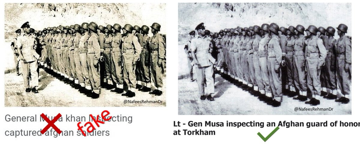 Fact-checking two photos often shared with a fake caption by Afghan and Pakistani nationalists for propaganda! Photo 1: Shared with a false caption that Gen. Musa Khan of Pakistan Army is inspecting 'captured Afghan Prisoners'. This is fabrication. This undated photo, in fact,