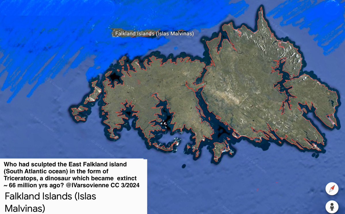 IVarsovienne's tweet photo. @WyGeoSurvey @geosociety Who had sculpted the East Falkland Island in South Atlantic Ocean in the form of TRICERATOPS before 66 million years ago? #triceratops #dinosaur #extinction #Cretaceous #Paleogene #FalklandIslands #IslasMalvinas #UnitedKingdom https://t.co/RyLr0LPNhD https://t.co/0M6lijEzDE