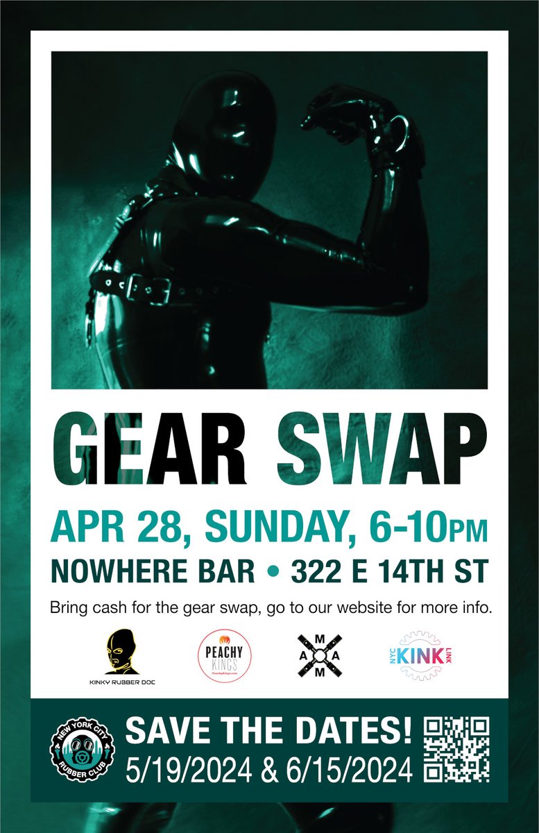 NYC Rubber Club (@nycrubberclub) on Twitter photo Time for some spring cleaning! Do you have gear you want to get rid of or pickup some new gear? Come by our GEAR SWAP on Sunday, April 28, 2024 from 6pm to 10pm at <a href="/NowhereNYC/">Nowhere Bar</a>. Bring cash for the gear swap. For more information about the gear swap: shorturl.at/qvz47 Time for some spring cleaning! Do you have gear you want to get rid of or pickup some new gear? Come by our GEAR SWAP on Sunday, April 28, 2024 from 6pm to 10pm at <a href="/NowhereNYC/">Nowhere Bar</a>. Bring cash for the gear swap. For more information about the gear swap: shorturl.at/qvz47