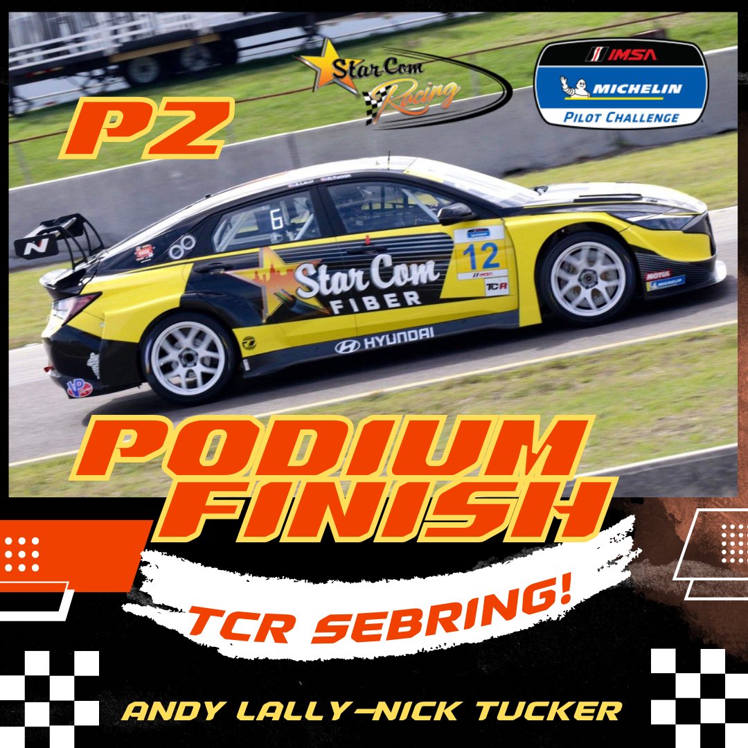 StarCom Racing’s debut at Sebring in the Michelin Pilot Challenge Series produced a podium finish of P2! What a way to start the year off! Andy Lally and Nick Tucker showcased our new team in a class fashion and put on sensational driving efforts to bring the car to the front!