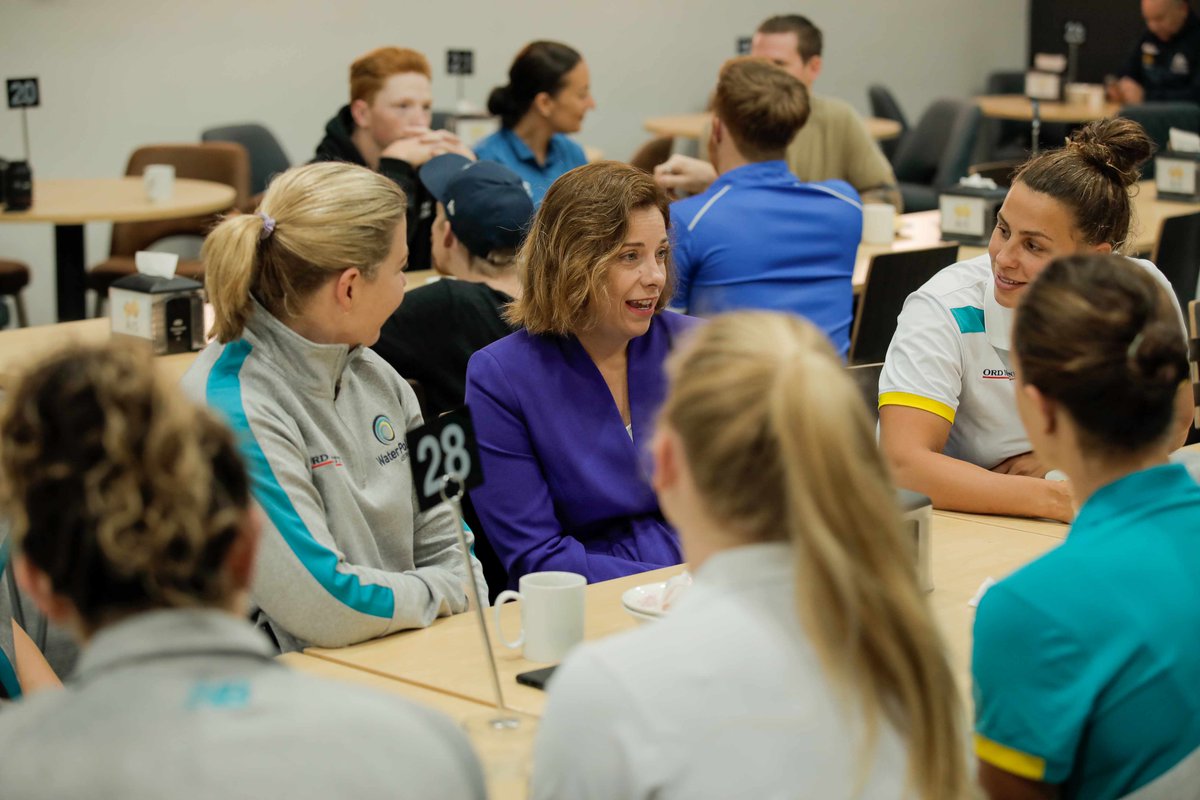 #OnCampus | The Minister for Sport, the Hon @AnikaWells was back at #theAIS today enjoying breakfast with @WaterpoloAus #AussieStingers & @AthsAust Wheelchair Track squad as they all prepare for #Paris2024 @AUSOlympicTeam | @AUSParalympics | @ausport
