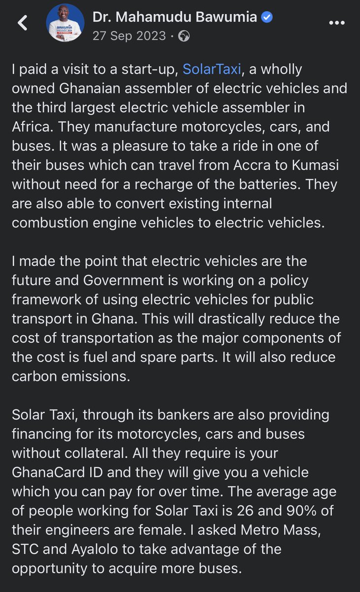 SolarTaxi can turn every car and motorbike into an electric vehicle. When Dr Bawumia expressed his interest in making sure companies like solarTaxi turn public transport vehicles into EVs y’all said it’s unrealistic. 

See who is saying he’ll introduce E-bikes now….