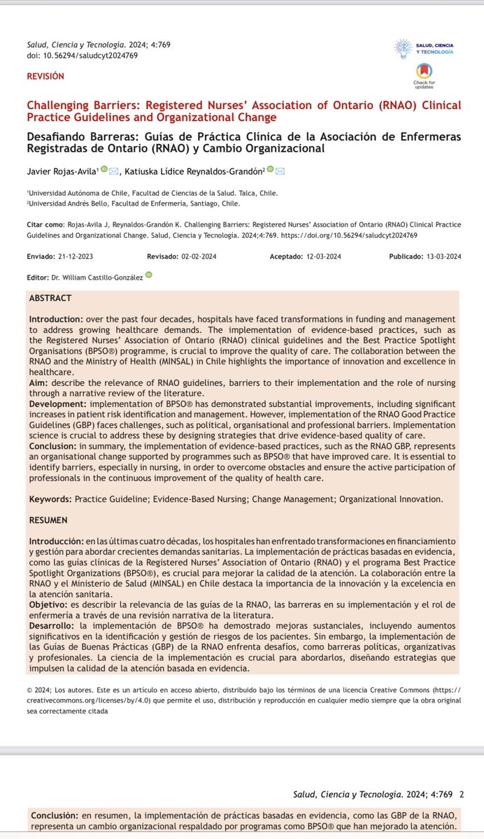 Al incorporar la mejor evidencia disponible en nuestra práctica clínica, lideramos un cambio organizacional que promueve una atención de salud.  centrada en el paciente.  #RNAO #enfermeriachile  <a href="/AmaliaSilvaG/">Amalia Silva</a> <a href="/DorisGrinspun/">Dr. Doris Grinspun 🇨🇦 RN, PhD, FAAN, O.ONT</a>  revista.saludcyt.ar/ojs/index.php/…