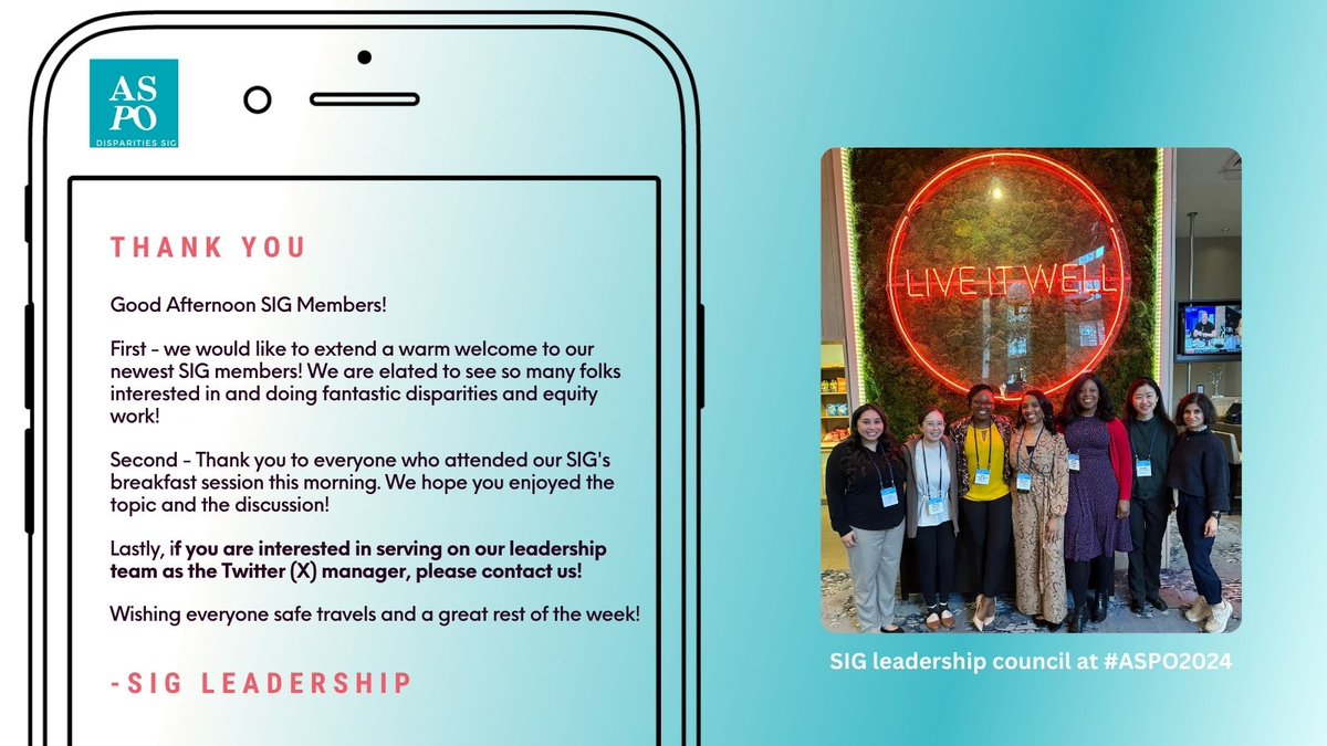ASPO Disparities Special Interest Group (@aspodisparities) on Twitter photo In case you missed our email about #ASPO2024 😃
📢Welcome, thank you, and we are recruiting new leadership members!!!
📩Email us or slide into ur DMs. We would love to welcome you to the <a href="/ASPODisparities/">ASPO Disparities Special Interest Group</a> team! In case you missed our email about #ASPO2024 😃
📢Welcome, thank you, and we are recruiting new leadership members!!!
📩Email us or slide into ur DMs. We would love to welcome you to the <a href="/ASPODisparities/">ASPO Disparities Special Interest Group</a> team!