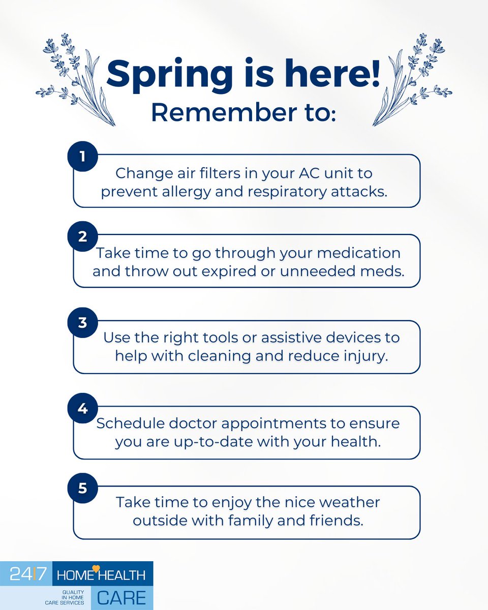 #Spring is here! 🌸 Remember to keep note of these reminders for a safe and joyful season. Whether tidying up or basking in the sunshine, prioritize safety first! Get your FREE in-home consultation today for peace of mind: 24-7homehealthcare.com