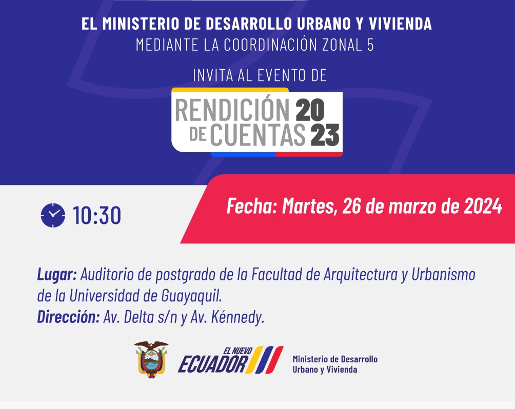 ViviendaEc's tweet photo. ¡Tu participación es clave para fortalecer nuestra labor! 👨👩👧👦🇪🇨🏡
Te invitamos a ser parte de la presentación del informe de #RendiciónDeCuentas2023📑 de nuestra delegación #Zonal5.
Estamos comprometidos con la gestión transparente y eficiente.
#MiduviEsGestión https://t.co/IkVeZMbeuR