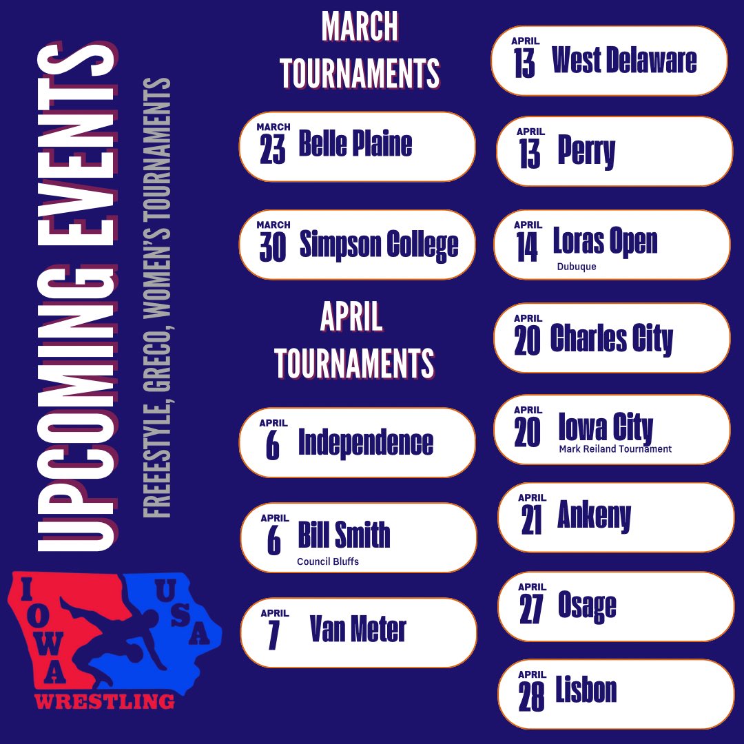 Here is the most up to date listing of Freco Tournaments! The upcoming Iowa City tournament has been cancelled! Take a peek below and get signed up! More information on all things Freco at iowawrestling.org #IowaUSAwresing #frecoseason