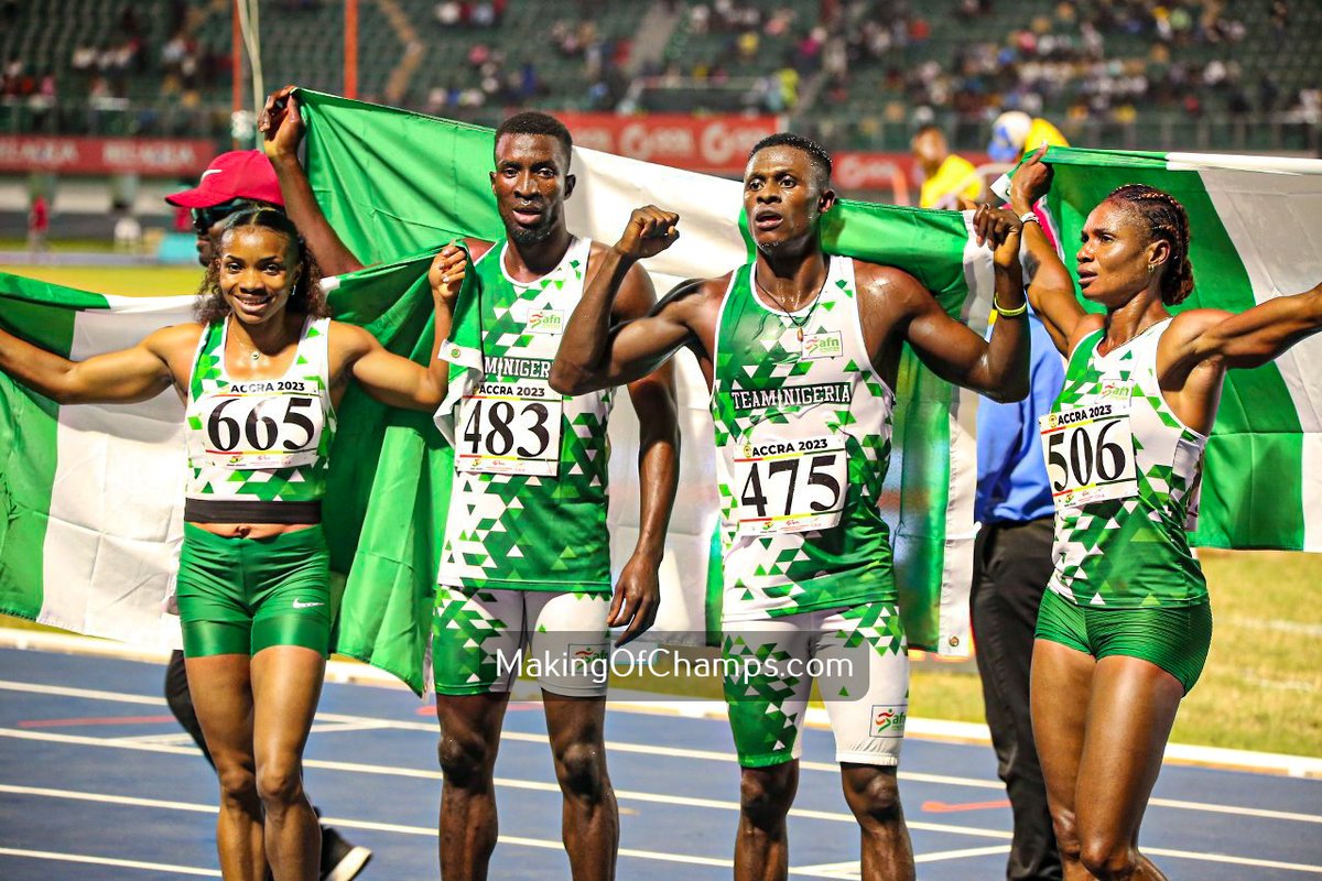 MakingOfChamps's tweet photo. NIGERIA WINNING GOLD IN MIXED 4X400M WAS SUCH A SPECIAL FEELING!
If there's anything Omolara Omotosho-Ogunmankinju wants from a shopping mall in Naija, she should enter and tell them that the bill is on us...
Omolara singlehandedly turned Silver to GOLD for Nigeria, running down her Botswana opponent to get Nigeria over the line.
#AfricanGames2023 #Accra2023