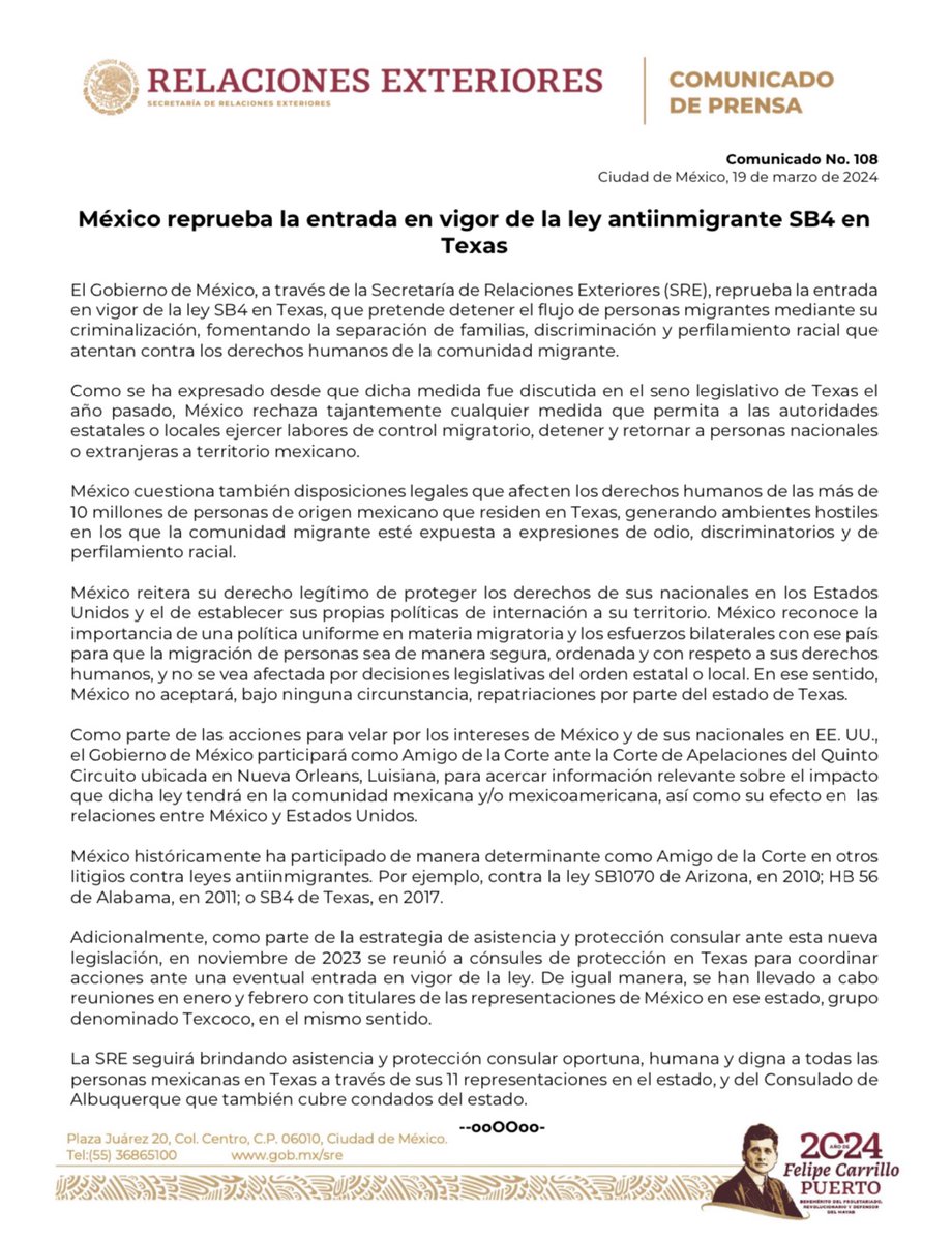 📄 El Gobierno de México, a través de la Secretaría de Relaciones Exteriores, reprueba la entrada en vigor de la ley #SB4 en Texas, que pretende detener el flujo de personas migrantes mediante su criminalización, fomentando la separación de familias, discriminación y