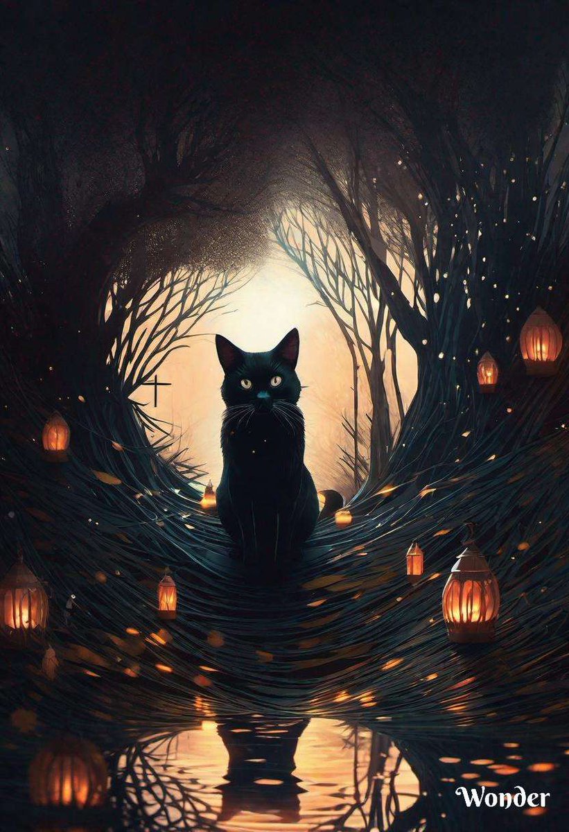 Among the lanterns sits a curious ball of fur.