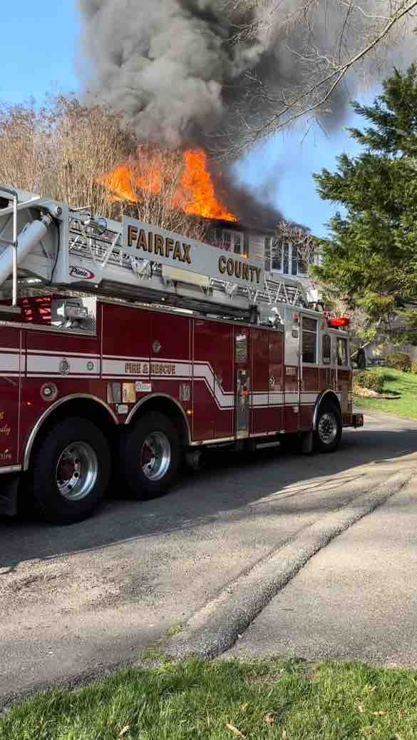 #FairfaxBravest are on scene of a house fire in the 5800 blk of Colfax Ave in Bailey’s Crossroads area. Arriving units reported fire showing all floors. Firefighters are working to bring the fire under control. All occupants accounted for. No civilian or firefighter injuries.