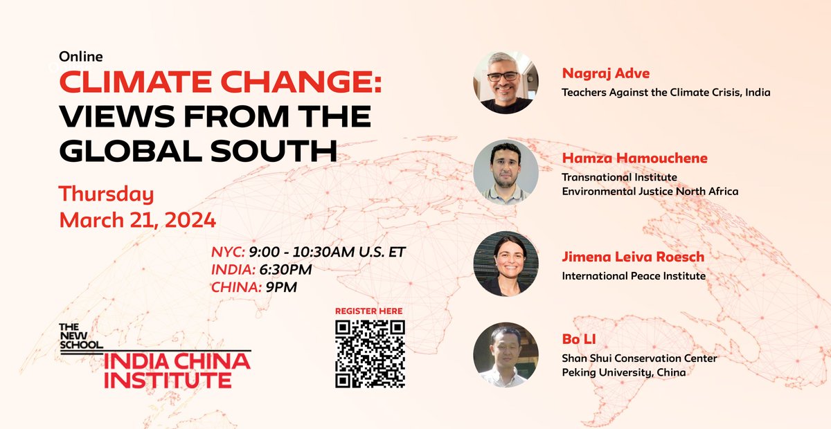 India China Institute (@india_china) on Twitter photo 🌍🔍 Join us this Thursday, March 2021 at 9 am ET for an enlightening discussion on "Climate Change: Views from the Global South!"
Featuring <a href="/nagrajadve/">Nagraj Adve</a> of <a href="/climateTACC/">Teachers Against the Climate Crisis</a>; @BenToumert of <a href="/TNInstitute/">Transnational Institute</a>, <a href="/jlr502/">Jimena Leiva Roesch</a> of <a href="/ipinst/">Intl Peace Institute</a>; and Bo Li of <a href="/ShanCenter/">Shan Shui Conservation Center</a>.
RSVP now: …hangecrisisviewsfromth.splashthat.com 🌍🔍 Join us this Thursday, March 2021 at 9 am ET for an enlightening discussion on "Climate Change: Views from the Global South!"
Featuring <a href="/nagrajadve/">Nagraj Adve</a> of <a href="/climateTACC/">Teachers Against the Climate Crisis</a>; @BenToumert of <a href="/TNInstitute/">Transnational Institute</a>, <a href="/jlr502/">Jimena Leiva Roesch</a> of <a href="/ipinst/">Intl Peace Institute</a>; and Bo Li of <a href="/ShanCenter/">Shan Shui Conservation Center</a>.
RSVP now: …hangecrisisviewsfromth.splashthat.com