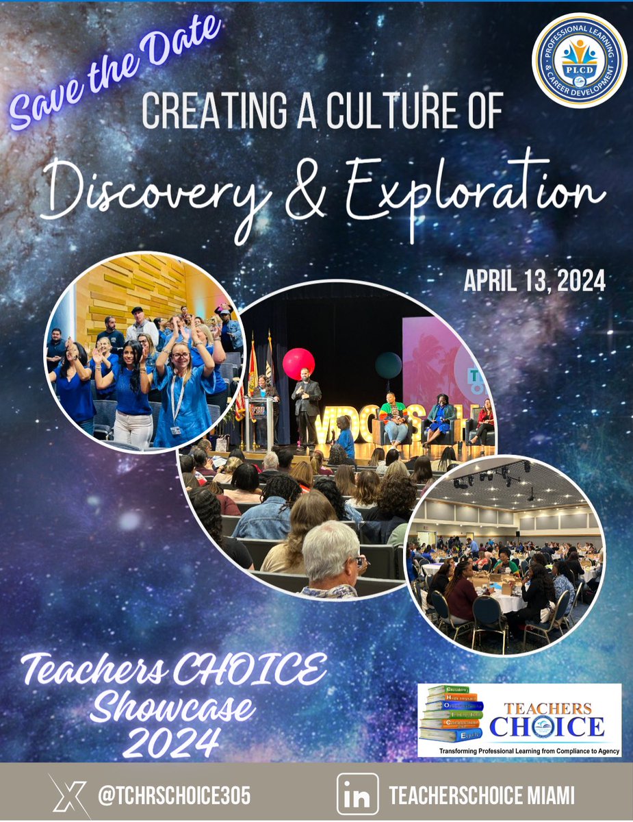 Attention Teachers at Teachers CHOICE participating schools 🗓️ Save the Date for the Teachers CHOICE Learning Showcase to be held Saturday, April 13th. Sign up on PLMS! 💫 @mdcps_profdev @SuptDotres @MDCPS_HCMChief @rwimberly67
