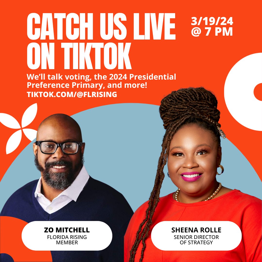 🎥 Catch us LIVE on our TikTok tonight at 7 PM! 🤳🏽 Sheena and Zo will be covering everything #ElectionDay immediately after the polls close! Tune in at 7 PM on tiktok.com/@FLRising 🧡