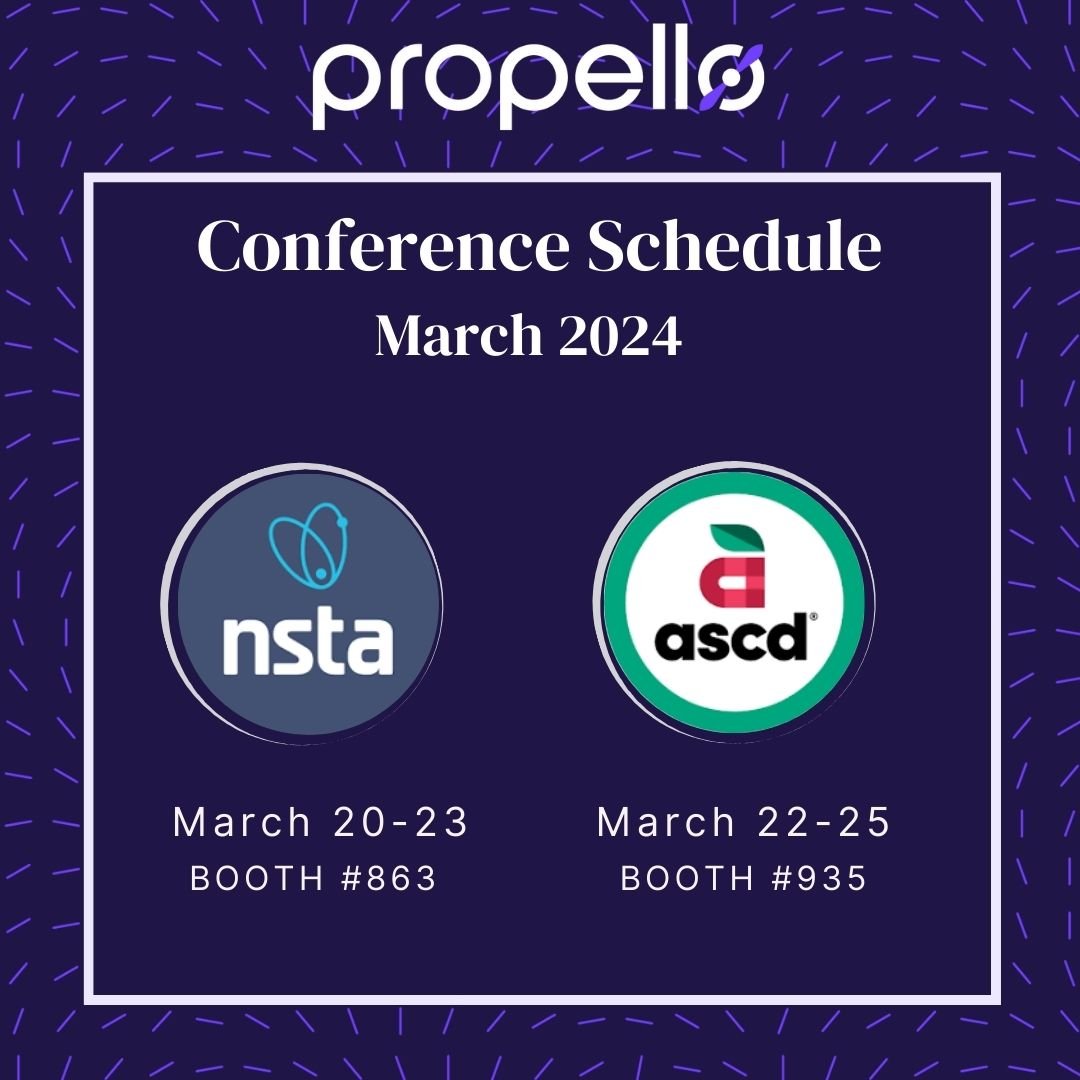 It's a busy week for us here at Propello while we attend both NSTA and ASCD, but that means double the opportunity for you to connect with us in person! Be sure to stop by our booth(s), grab some swag, and snap a photo. 📸

We can't wait to see you there! #ASCD24 #NSTA24