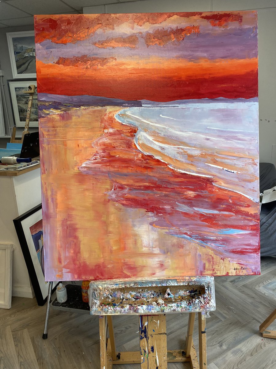 Enjoyed working on this commission of #PortstewartStrand. #PaletteKnife, with a colour palette of reds, oranges & purples as requested by client. Have a wall crying out for a feature piece or like a special place captured on canvas? Get in touch. #BespokeArt #CommissionArt