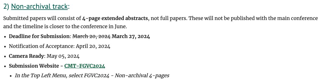 The FGVC11 4-page (non-archival) paper submission deadline has been extended by a week to March 27! Submit here: cmt3.research.microsoft.com/FGVC2024/