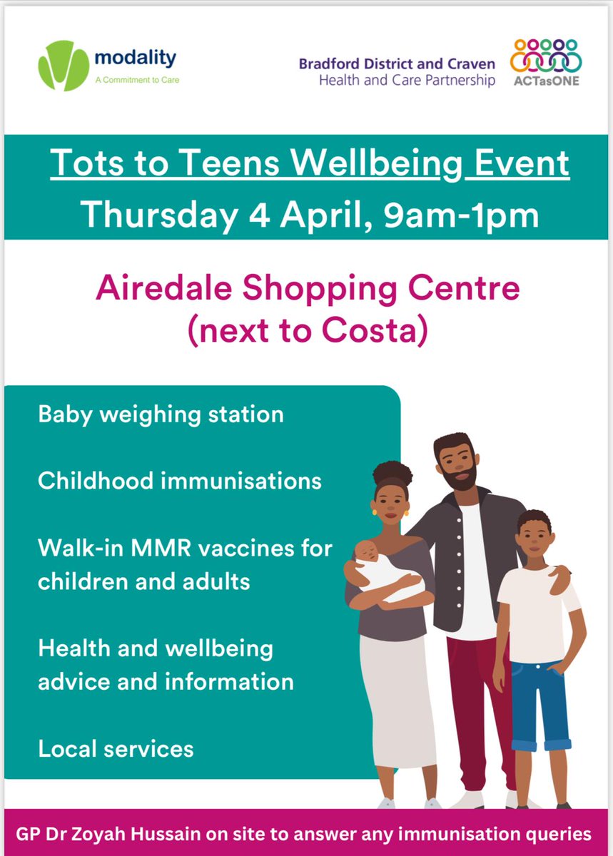📣 You're invited to the Tots to Teens Wellbeing Event on Thursday 4th April! 🧒 From 9am - 1pm, get access to childhood immunisations, local services and MUCH more. 📍 Next to Costa, here at Airedale Shopping Centre.