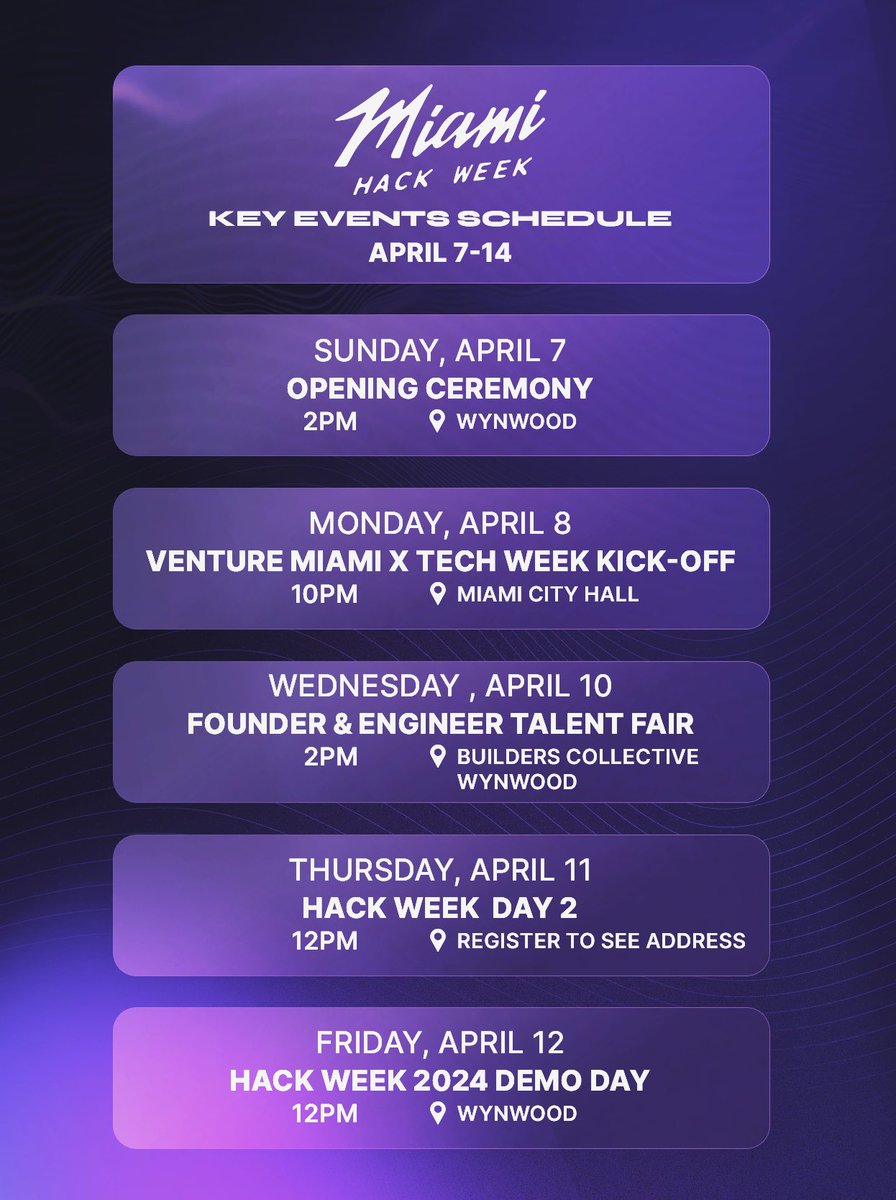 MiamiHackWeek's tweet image. Miami Hack Week is on! 🔥 Our schedule is now live #MiamiHackWeek #TechInnovation