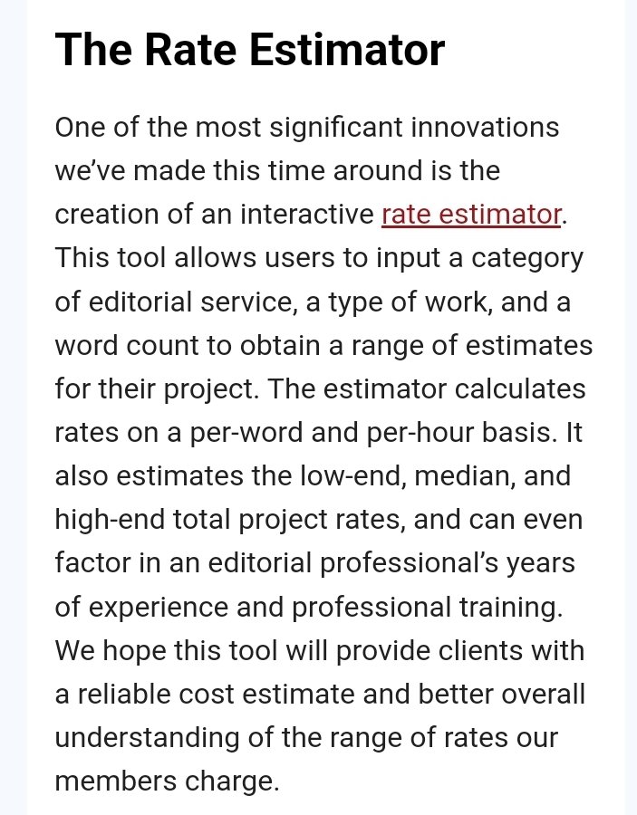 Oo! New editing rate estimator just dropped from @EFAFreelancers This not only helps editors price their rates, it can help writers get an idea of total cost estimates* as they learn about hiring freelance. *not all editors rate the same/according to this industry standard.
