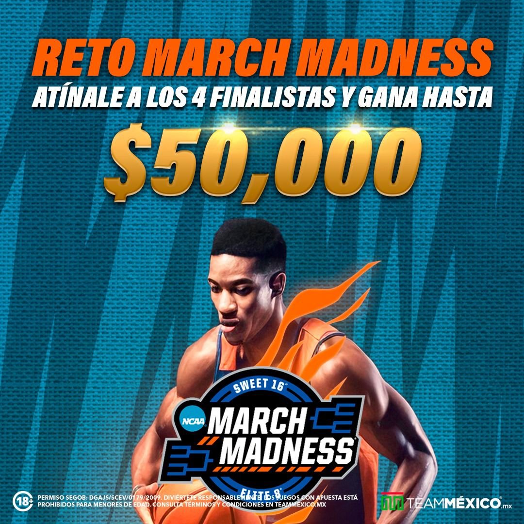 Arranca el #MarchMadness y en Team México puedes ganar $50,000 mxn muy sencillo 1.- Acierta los 4 finalistas 2.- Realiza una apuesta durante el torneo de $200 mxn 3.- Gana bit.ly/mmadness2024 Suerte a todos