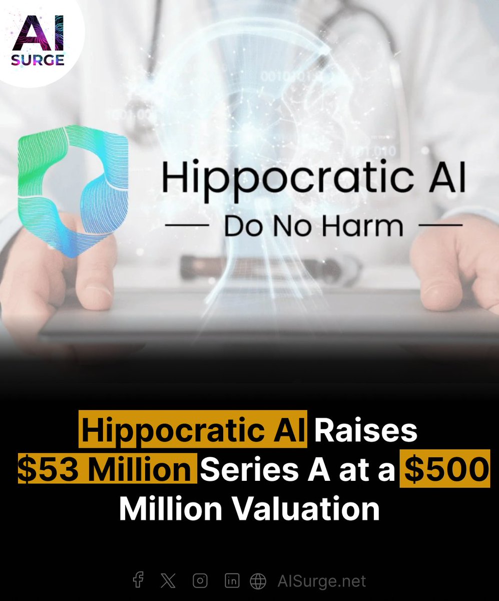 Hippocratic AI, a healthcare AI firm, raises $53M in Series A, valued at $500M. Launches AI staffing marketplace for healthcare, prioritizing safety in phase three testing. 

#HippocraticAI #AIFunding
