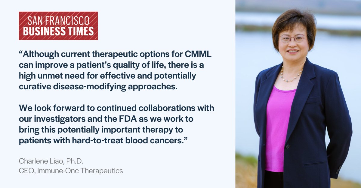 Immune-Onc Therapeutics (@immuneonc) on Twitter photo Exciting News! The <a href="/SFBusinessTimes/">San Francisco Business Times</a> recognized our Orphan Drug Designation for IO-202 for #CMML as a recent breakthrough by women-led life sciences companies in the Bay Area. Read more here: bizjournals.com/sanfrancisco/n… Exciting News! The <a href="/SFBusinessTimes/">San Francisco Business Times</a> recognized our Orphan Drug Designation for IO-202 for #CMML as a recent breakthrough by women-led life sciences companies in the Bay Area. Read more here: bizjournals.com/sanfrancisco/n…