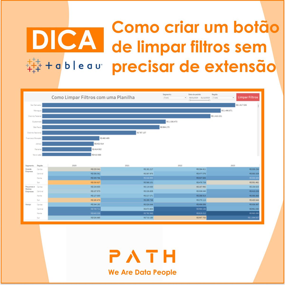 Nesta dica iremos mostrar como criar um botão de limpar filtros sem precisar de extensão.

Confira a dica completa no nosso site: cutt.ly/Pw2D38R1
 
 #Tableau #WeAreDataPeople #DataFam #VisualAnalytics #PathDataFan #TableauTips #PathTips