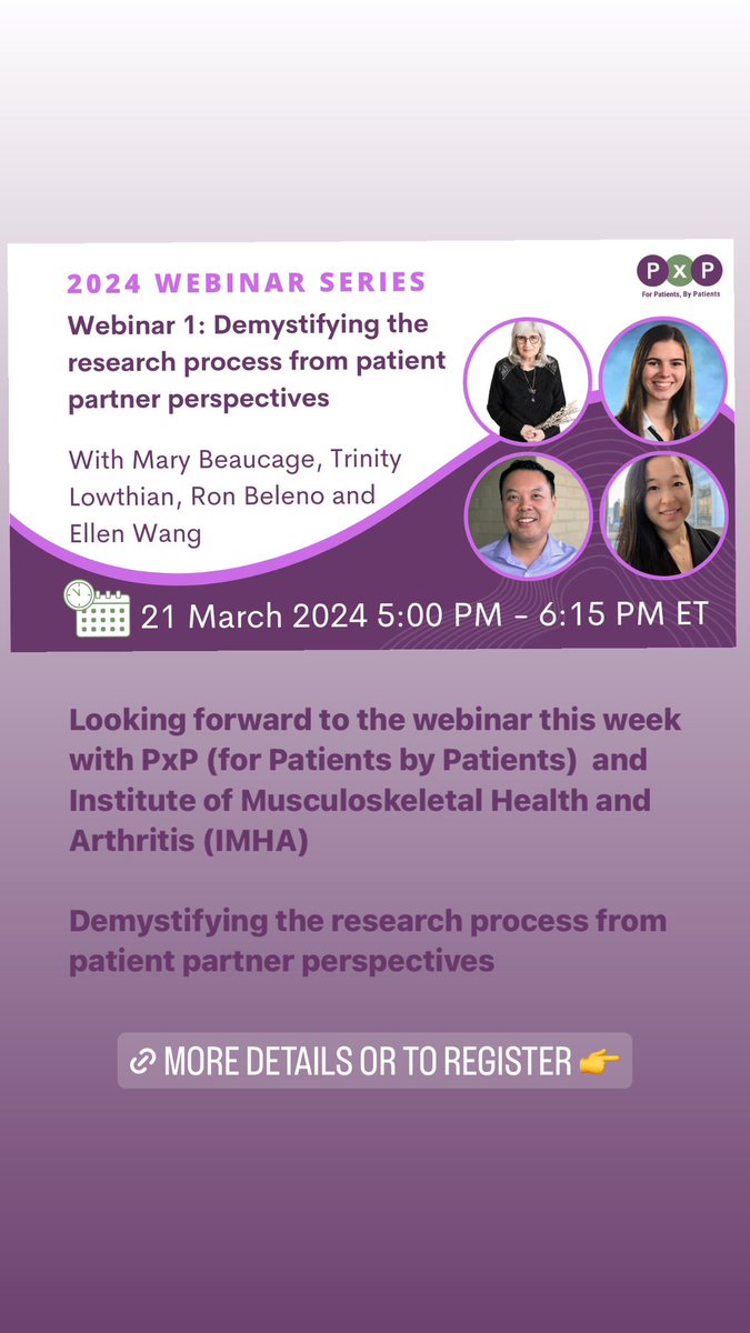 Looking forward to the webinar this week with @PxPHub and @CIHR_IMHA Institute of Musculoskeletal Health and Arthritis Demystifying the research process from patient partner perspectives #PatientPartner #PatientEngagement