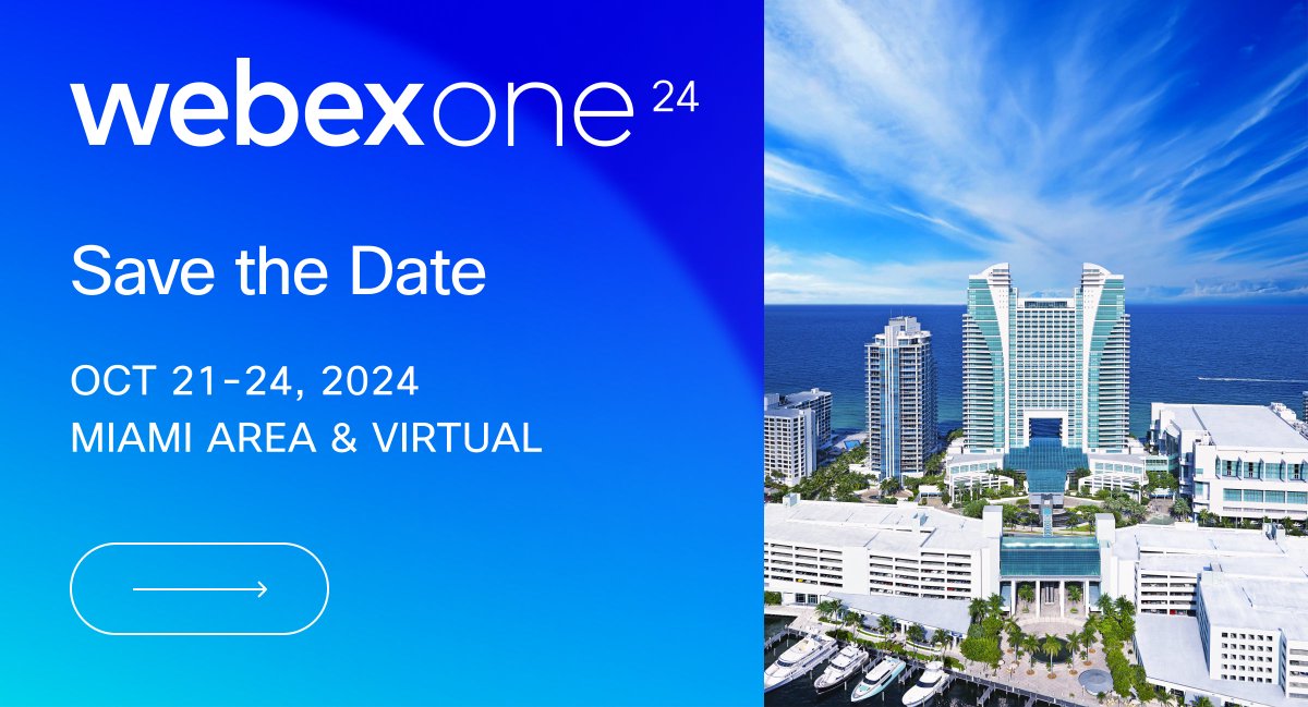 This October, get ready to soak up #WebexOne from a seaside paradise just outside Miami, with ocean views and endless inspiration. 

🗓️ Save the date now—October 21-24! cs.co/6017ktctD