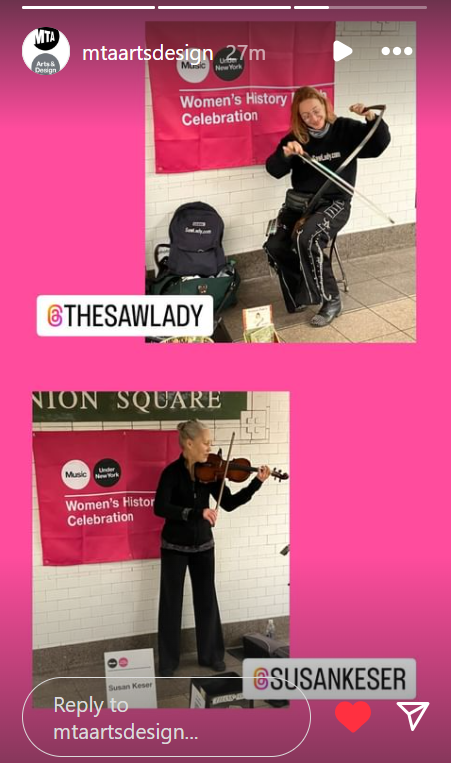 SawLady's tweet photo. Today I was "sandwiched" between two violinists for the @MTA @MTAArtsDesign #MTAmusic celebration of Women's History. It was really nice to see violinist Susan Keser who played before me and violinist Joya Bravo who played after me, both of whom I haven't seen in a long time. https://t.co/GA26wzQk9B