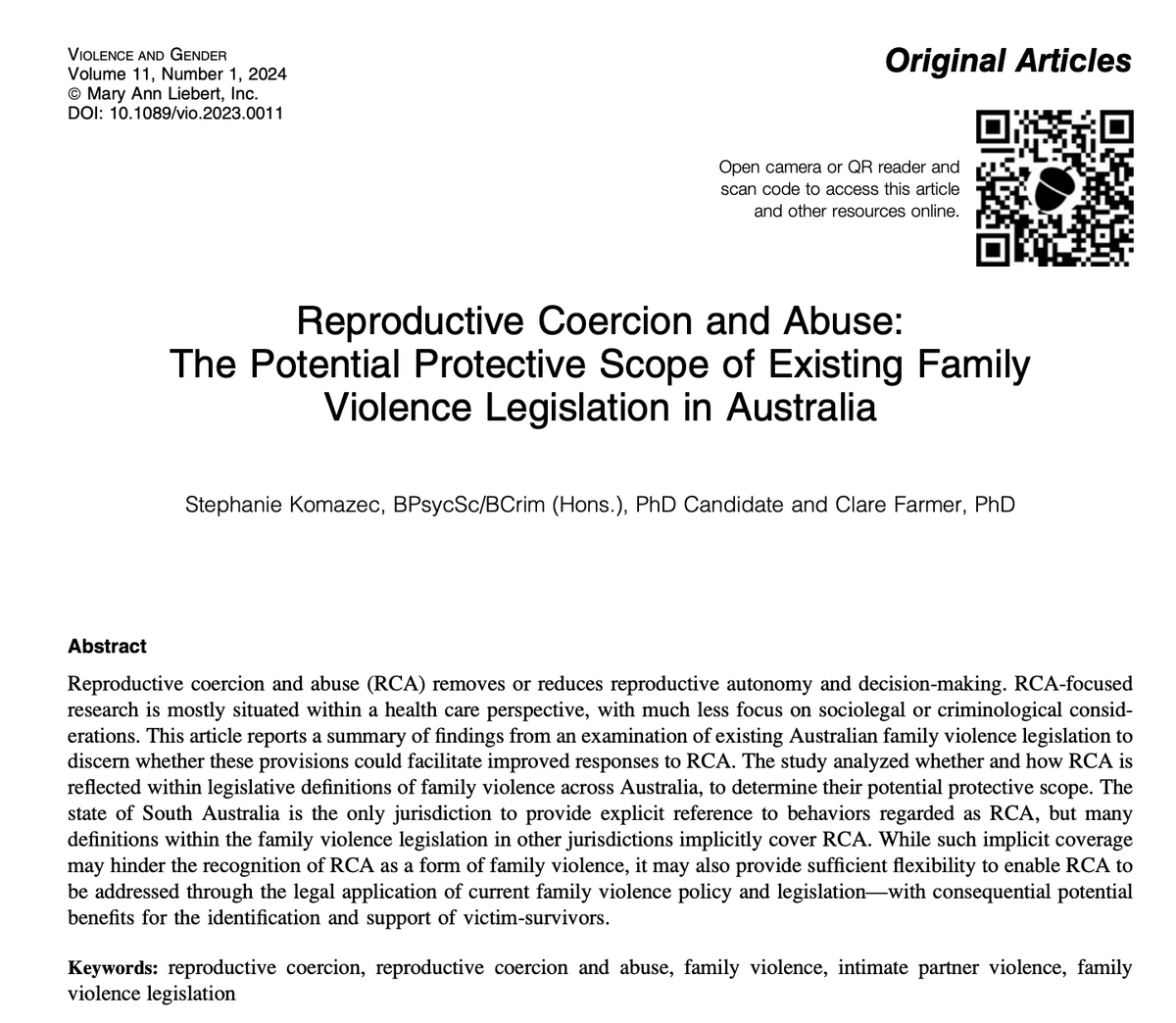 Clare Farmer ⚖️ 📚 🐾 (@drclarefarmer1) on Twitter photo Open Access: just published in <a href="/ViolenceGender/">Violence and Gender</a> with <a href="/StephanieKomaz/">Stephanie Komazec</a>
Reproductive Coercion and Abuse: The Potential Protective Scope of Existing Family Violence Legislation in Australia bit.ly/3TyJ1H1 Open Access: just published in <a href="/ViolenceGender/">Violence and Gender</a> with <a href="/StephanieKomaz/">Stephanie Komazec</a>
Reproductive Coercion and Abuse: The Potential Protective Scope of Existing Family Violence Legislation in Australia bit.ly/3TyJ1H1
