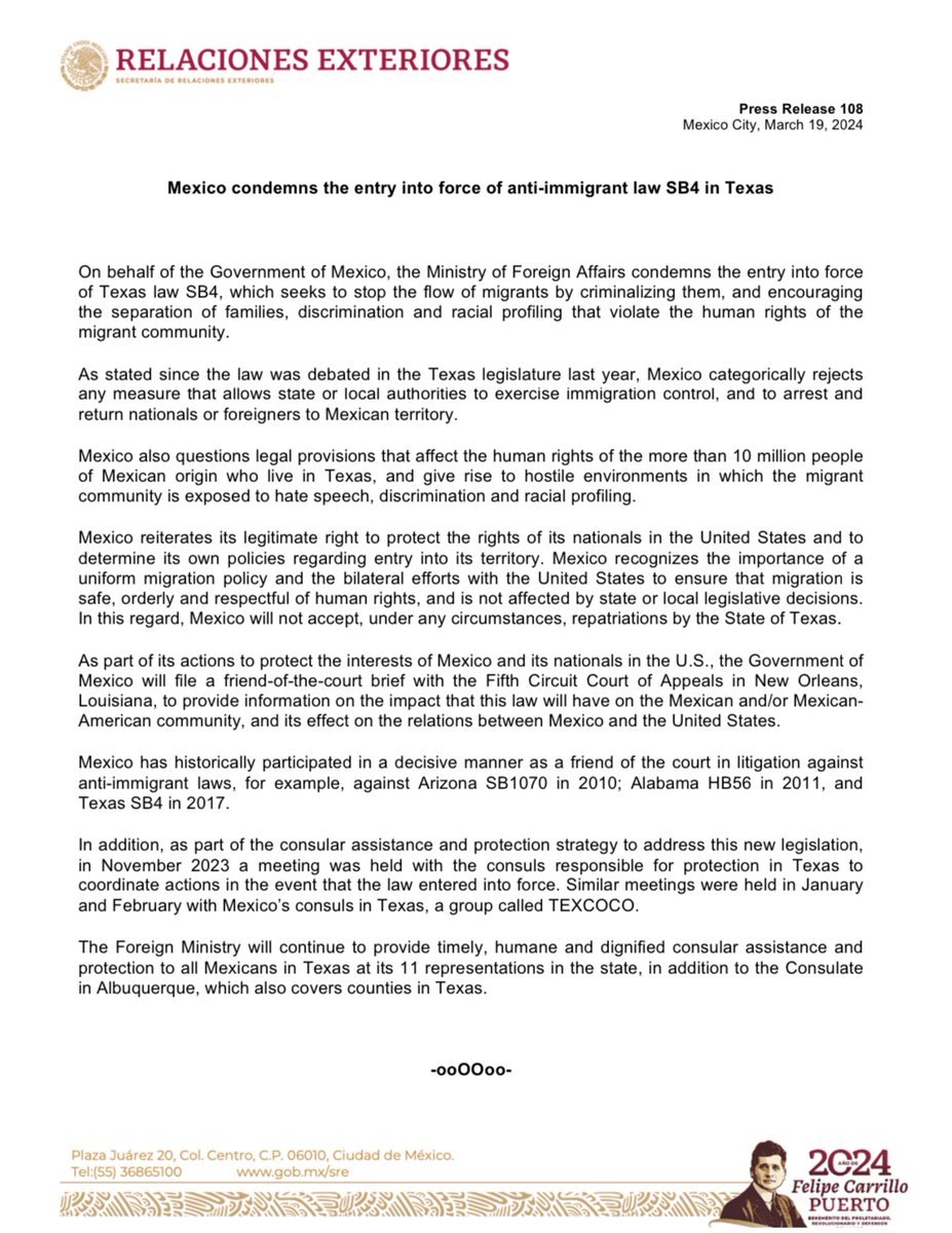 📄 On behalf of the Government of Mexico, the Ministry of Foreign Affairs condemns the entry into force of Texas law SB4, which seeks to stop the flow of migrants by criminalizing them, and encouraging the separation of families, discrimination and racial profiling that violate…