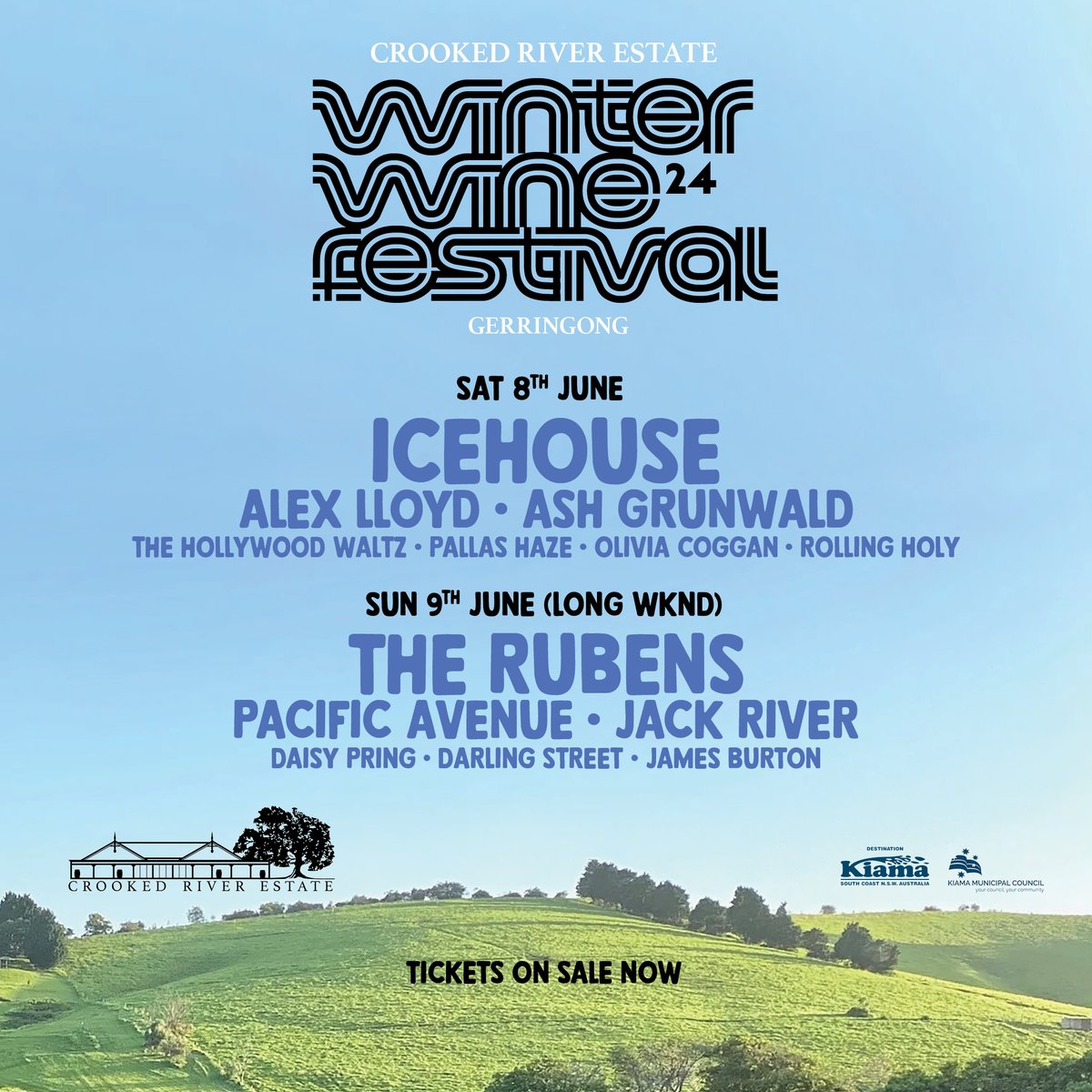 Hello! ICEHOUSE will be headlining the Winter Wine Festival at Crooked River Wines in Gerringong! The festival takes place over a long weekend, with ICEHOUSE taking the stage on Saturday, June 8th. Joining ICEHOUSE will be @alexlloydmusic, @AshGrunwald, The Hollywood Waltz,…