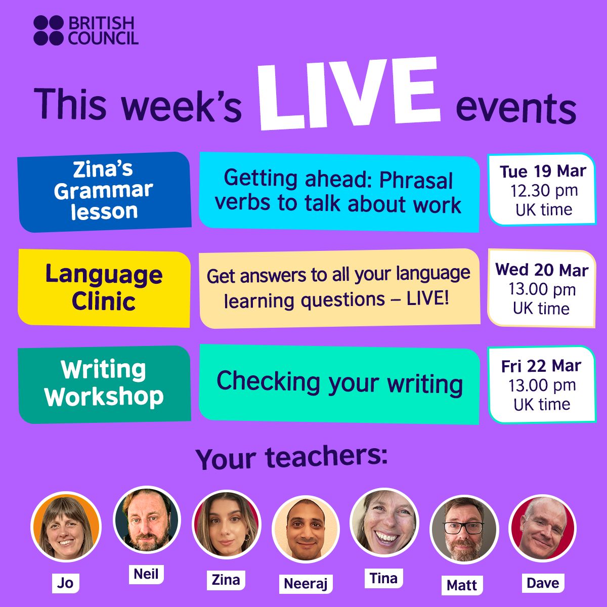 🌟Don't forget to come and join us for our fantastic live events this week on #YouTube and #Facebook! 🌟Check out our community events here: bit.ly/LearnEnglishEv… #livelesson #englishteacher #learnenglish