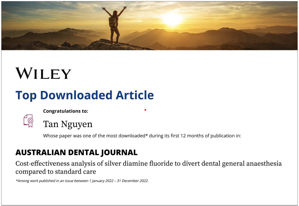 Our paper having high visibility and impact. #TopDownloadedArticle in the ADJ. Silver diamine fluoride is a simple intervention that can be done by registered non-dental practitioners. #oralhealth @UtsanaTon @CalacheHanny @DHE_Deakin @VicDental doi.org/10.1111/adj.12…