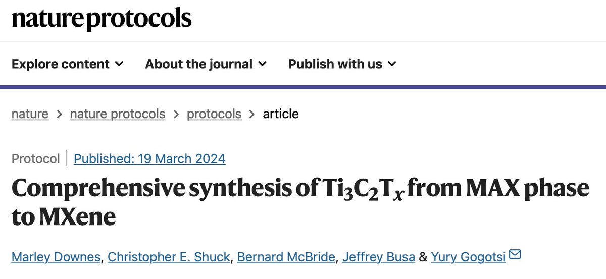 Yury Gogotsi (@ygogotsi) on Twitter photo This newly published article provides a very detailed and up-to-date description of Ti3C2Tx synthesis. It can guide your #MXene research. <a href="/2dMxenes/">2D MXenes</a> <a href="/drexelnano/">Drexel Nanomaterials Institute (DNI)</a> <a href="/CE_Shuck/">Christopher Shuck</a> rdcu.be/dBMwK This newly published article provides a very detailed and up-to-date description of Ti3C2Tx synthesis. It can guide your #MXene research. <a href="/2dMxenes/">2D MXenes</a> <a href="/drexelnano/">Drexel Nanomaterials Institute (DNI)</a> <a href="/CE_Shuck/">Christopher Shuck</a> rdcu.be/dBMwK