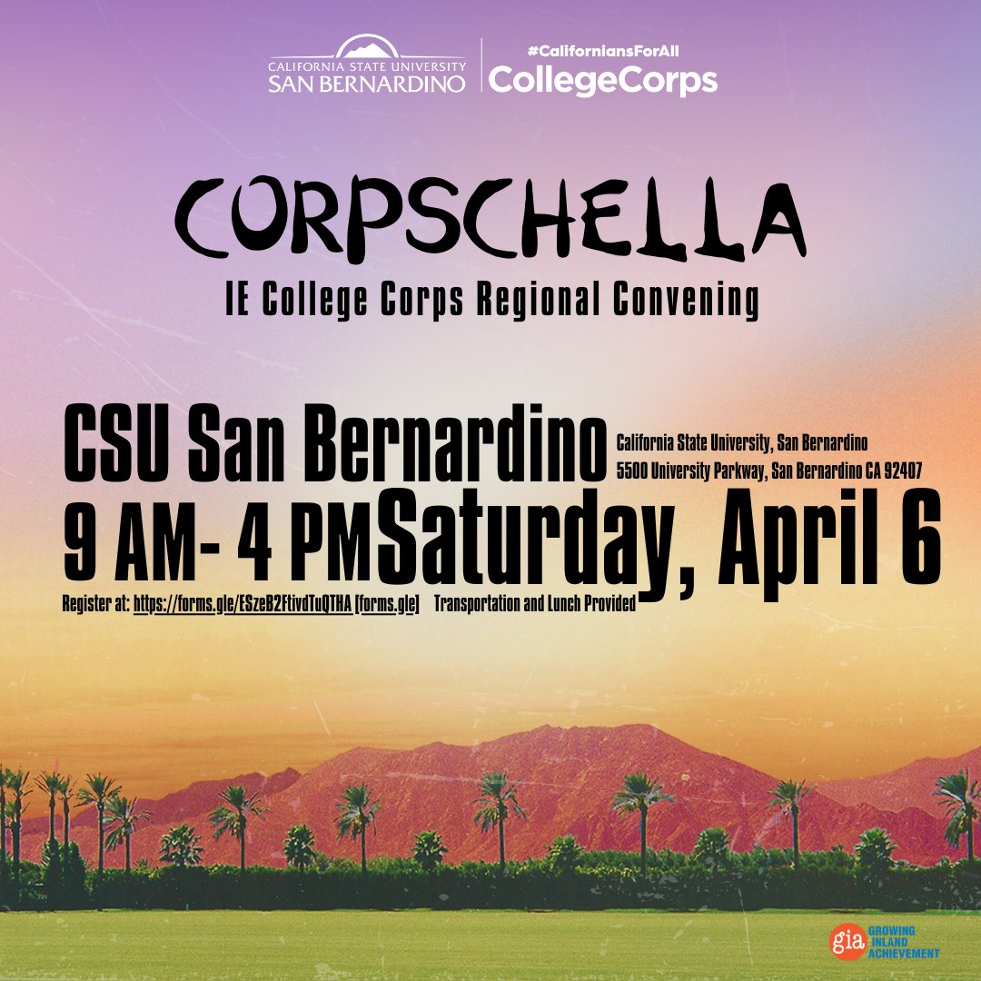 Corpschella Inland Empire College Corps Regional Convening is fast approaching. Join us for a day full of workshops, fellow engagement and more! Register today. link in bio. #csusbcollegecorps #gia #collegecorps