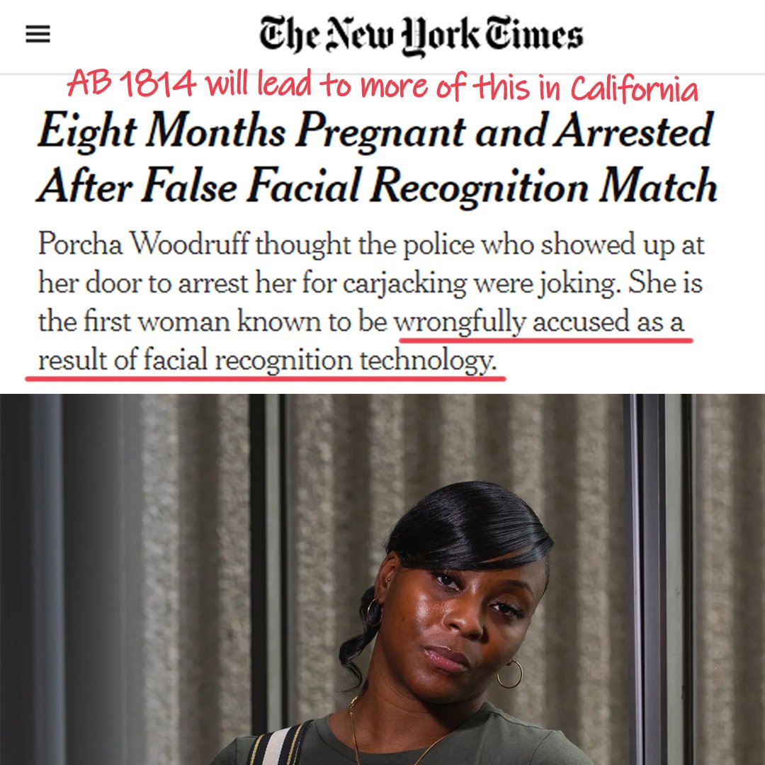 California is trying to write into law the same failed facial recognition standards that have led to an increasing amount of wrongful arrests of innocent people – especially Black men. AB 1814 would poison investigations w/tech that is racist, unreliable, & anti-democratic.