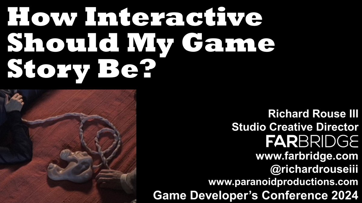 First slide is done, GDC talk ready to go.

"How Interactive Should My Game Story Be?" coming at 3:50 at the <a href="/Official_GDC/">GDC Festival of Gaming</a> Narrative Summit for folks who are so inclined...
