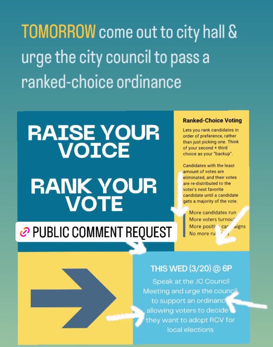 EleanaLittle's tweet photo. Two worthy causes to support at the #JerseyCity council meeting tomorrow (Wednesday)—pedestrian safety and #RankedChoiceVoting!

Sign up to make a public comment on either/both topics here: https://t.co/YFXH94NwdN https://t.co/4JWEGEjgOp