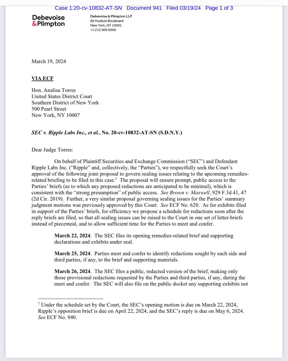 FilanLaw's tweet photo. #XRPCommunity #SECGov v. #Ripple #XRP The parties have filed a joint sealing proposal “to govern sealing issues relating to the upcoming remedies-related briefing to be filed in this case.” https://t.co/gaF2DLlWDN