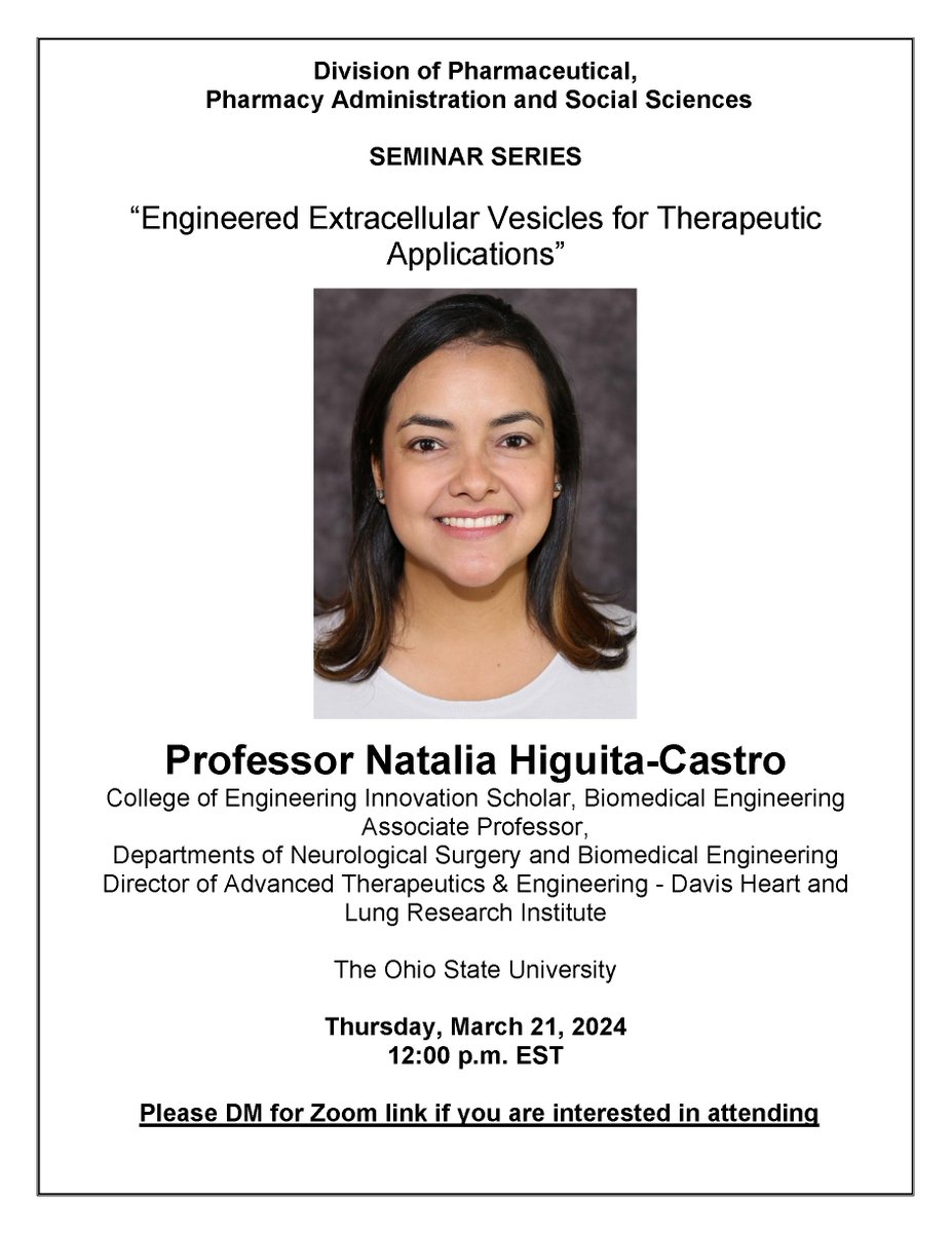 Super-excited to host the awesome @nhc_nanomedlab from @OhioStateBME on Thursday! Please DM for Zoom link if you are interested to attend! @duqedu @DuquesnePharm @AapsDuquesne