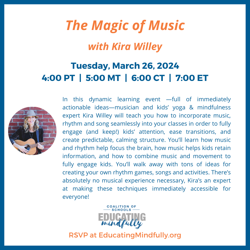 Yay! We rescheduled for Tuesday March 26th at 4 pm PT / 5 pm MT / 6 pm CT / 7 pm ET!!

RSVP: cosem.mn.co/events⁠

Learn more at kirawilley.com ⁠

#Mindfulness #Children #Music #Author #Movement #Yoga #MBSEL #Educators #Teachers #Education